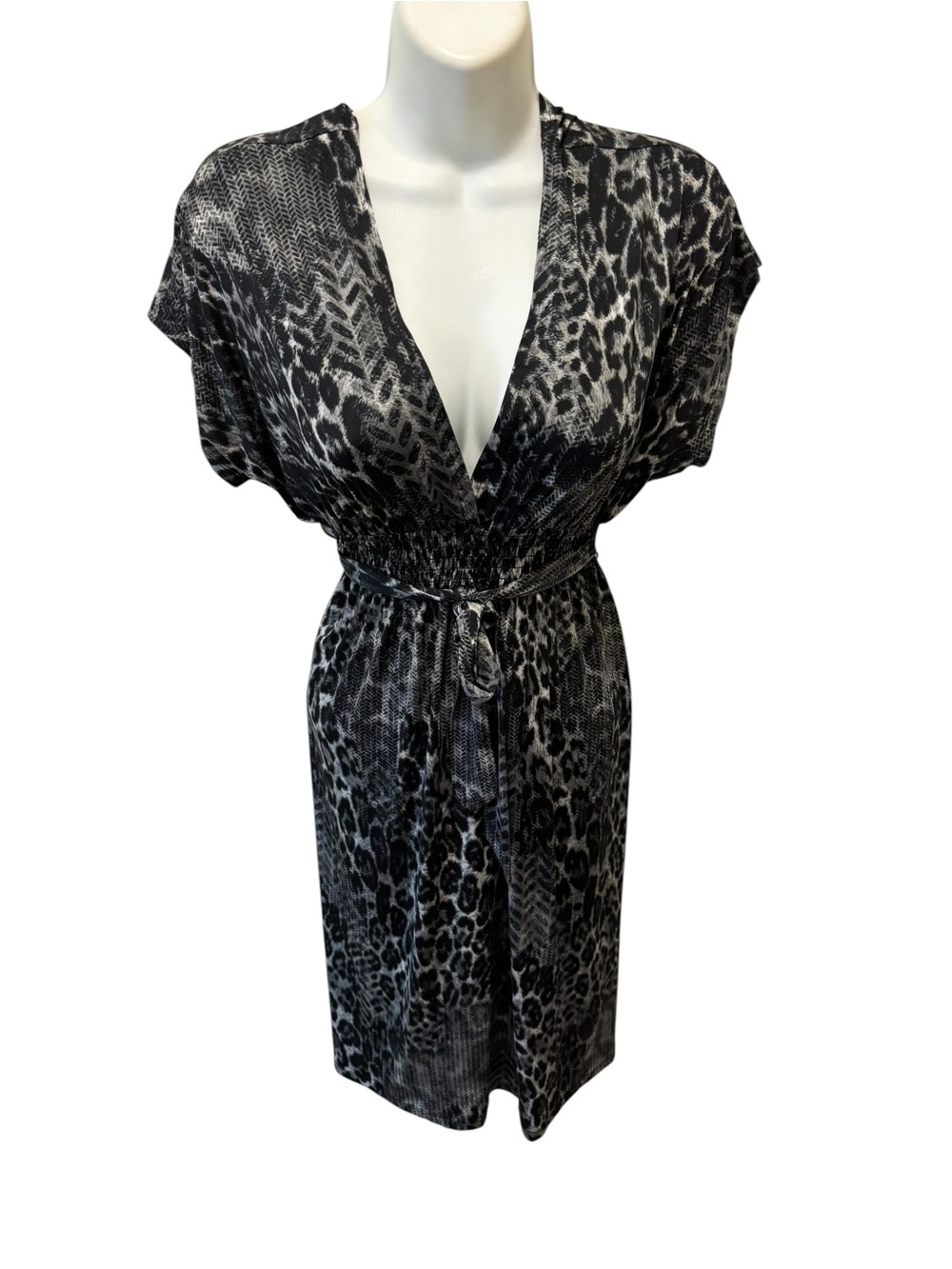 VTG 90’s Bisou Bisou Animal Print Empire Tied Waist Dress 8 Gray Black Mob Wife